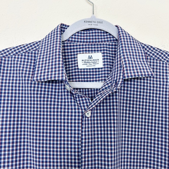 MIZZEN+MAIN Men’s Large Tall Trim Fit Long Sleeve Button Up | Blue Gingham - Picture 3 of 8